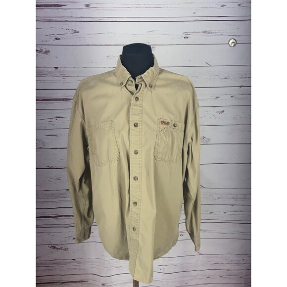 Carhartt Men Khaki Large Distressed Button-Up Shirt Cotton Long Sleeve - Picture 2 of 9